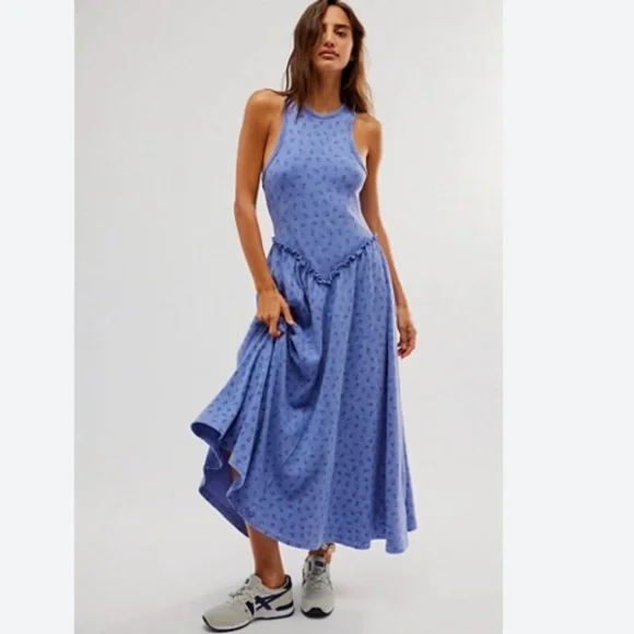 green emerald velvet dress Finley Pointelle Knit Maxi Dress / Cornflower Blue | Meshki main image 1